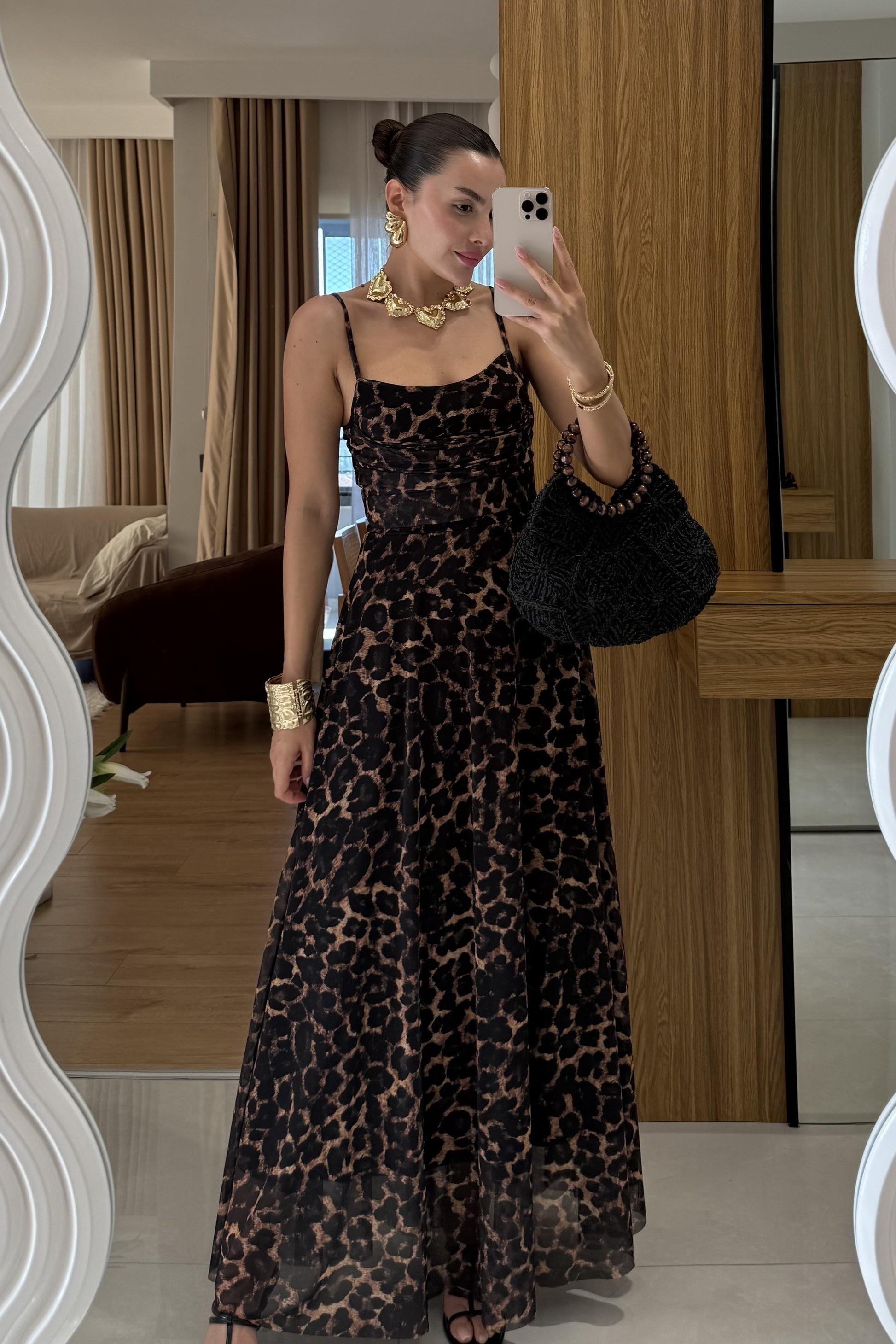 Maren İp Askılı Leopar Desen Elbise