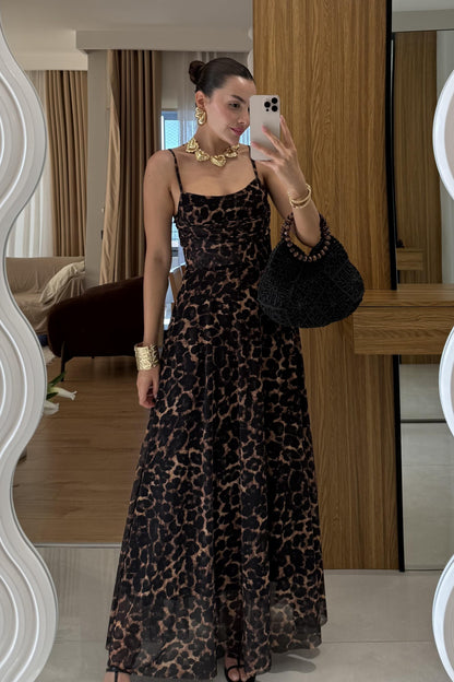 Maren İp Askılı Leopar Desen Elbise