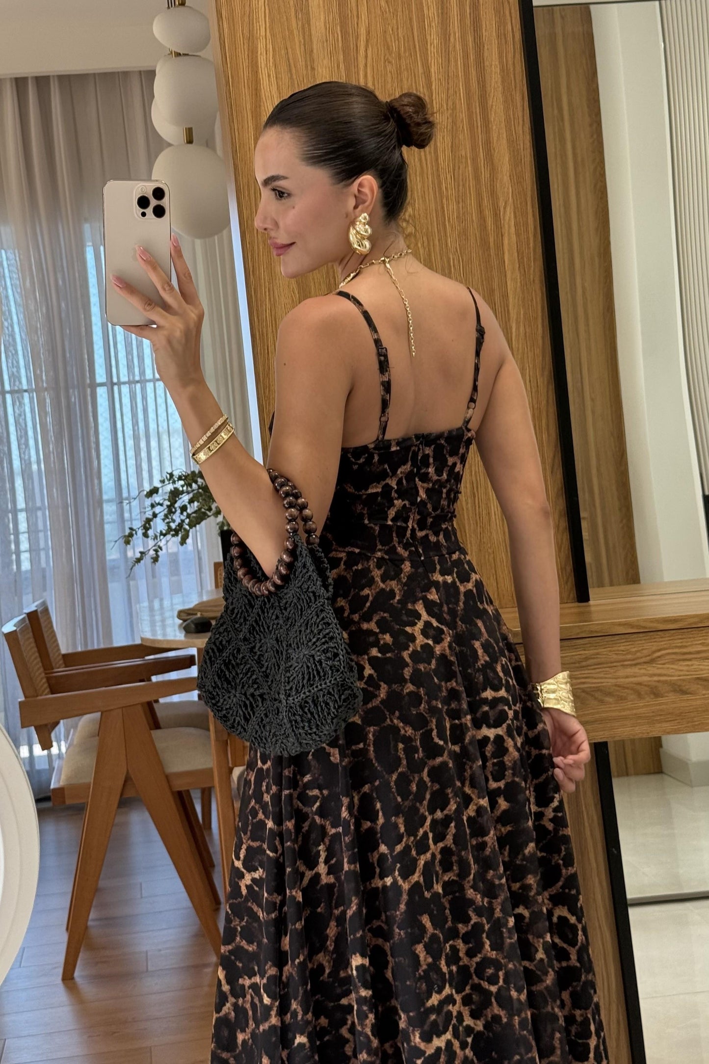 Maren İp Askılı Leopar Desen Elbise