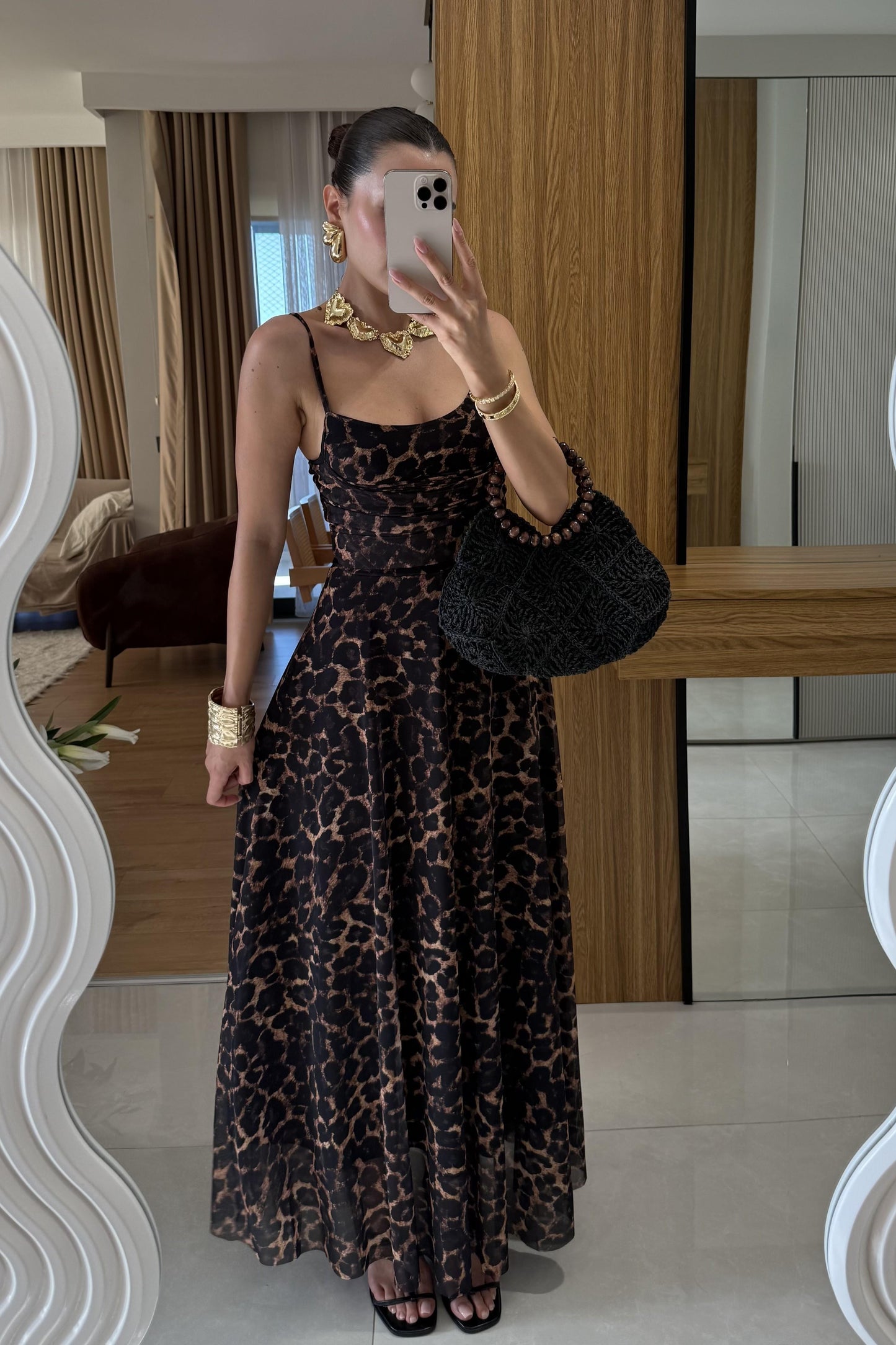 Maren İp Askılı Leopar Desen Elbise