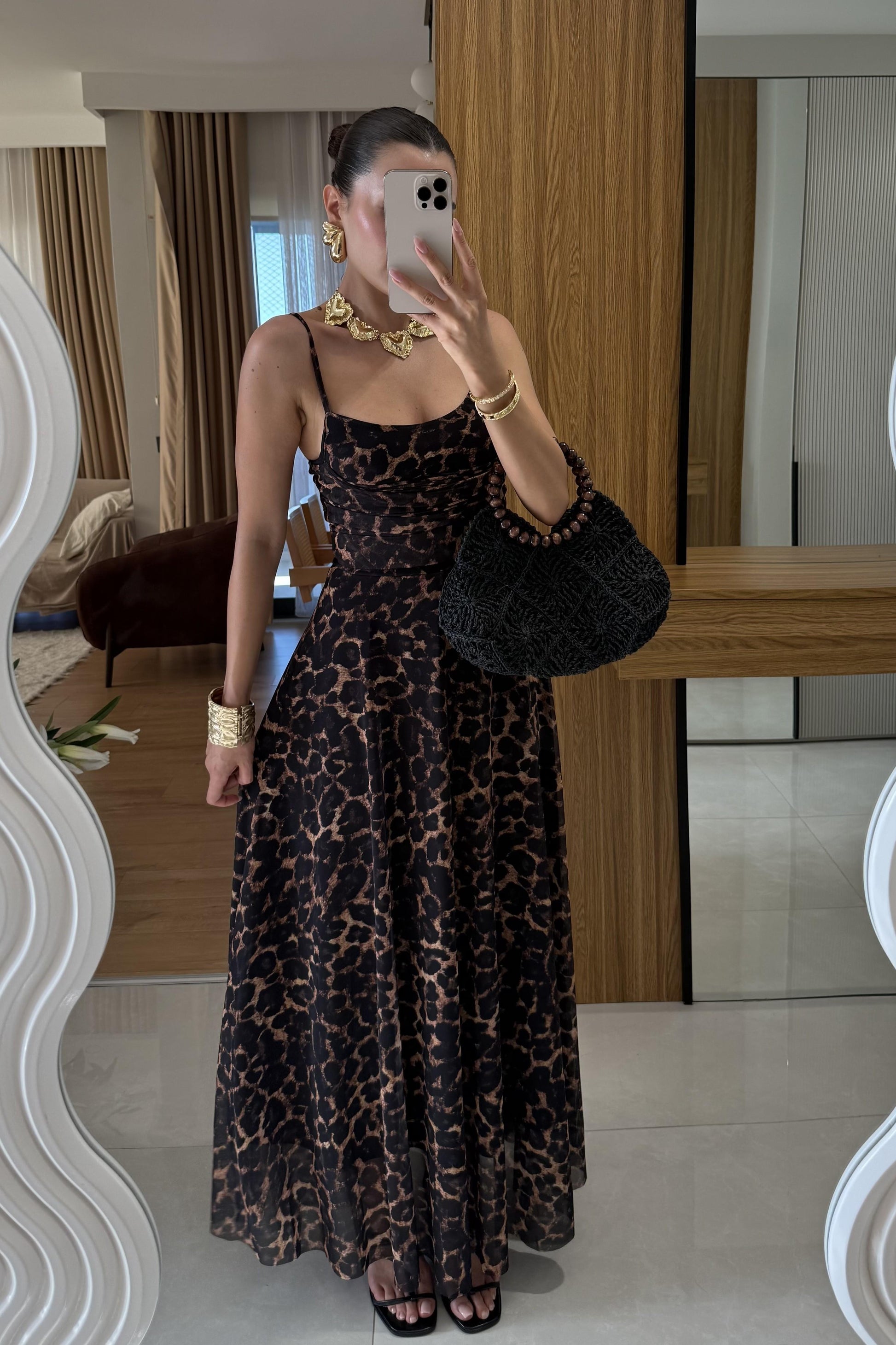 Maren İp Askılı Leopar Desen Elbise