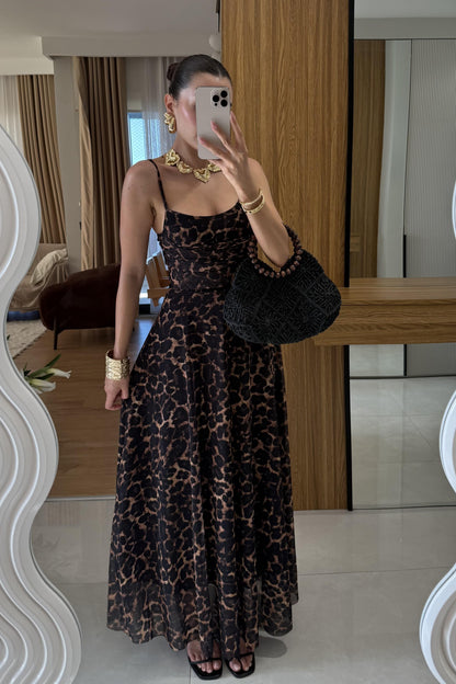 Maren İp Askılı Leopar Desen Elbise
