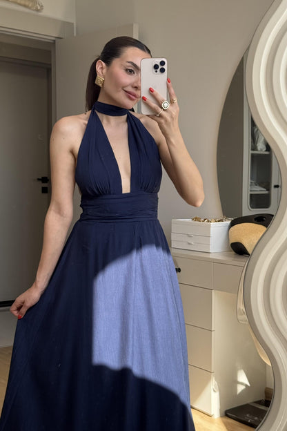 Margot Lacivert Boyundan Bağlamalı Elbise
