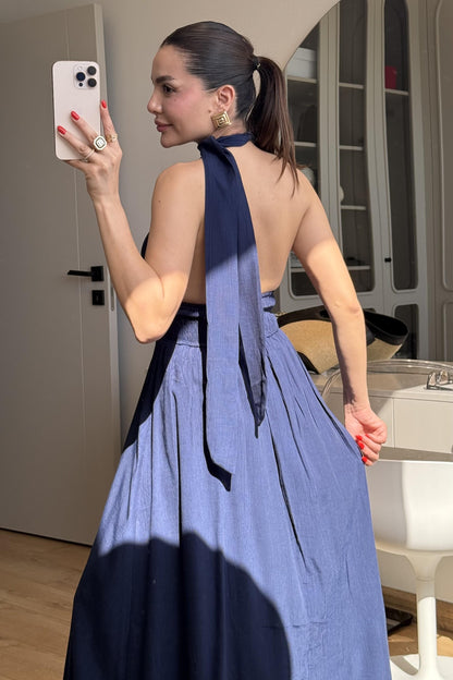 Margot Lacivert Boyundan Bağlamalı Elbise