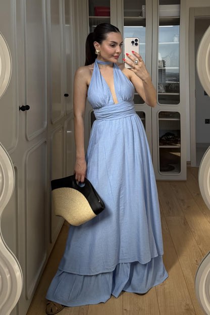 Margot Mavi Boyundan Bağlamalı Elbise