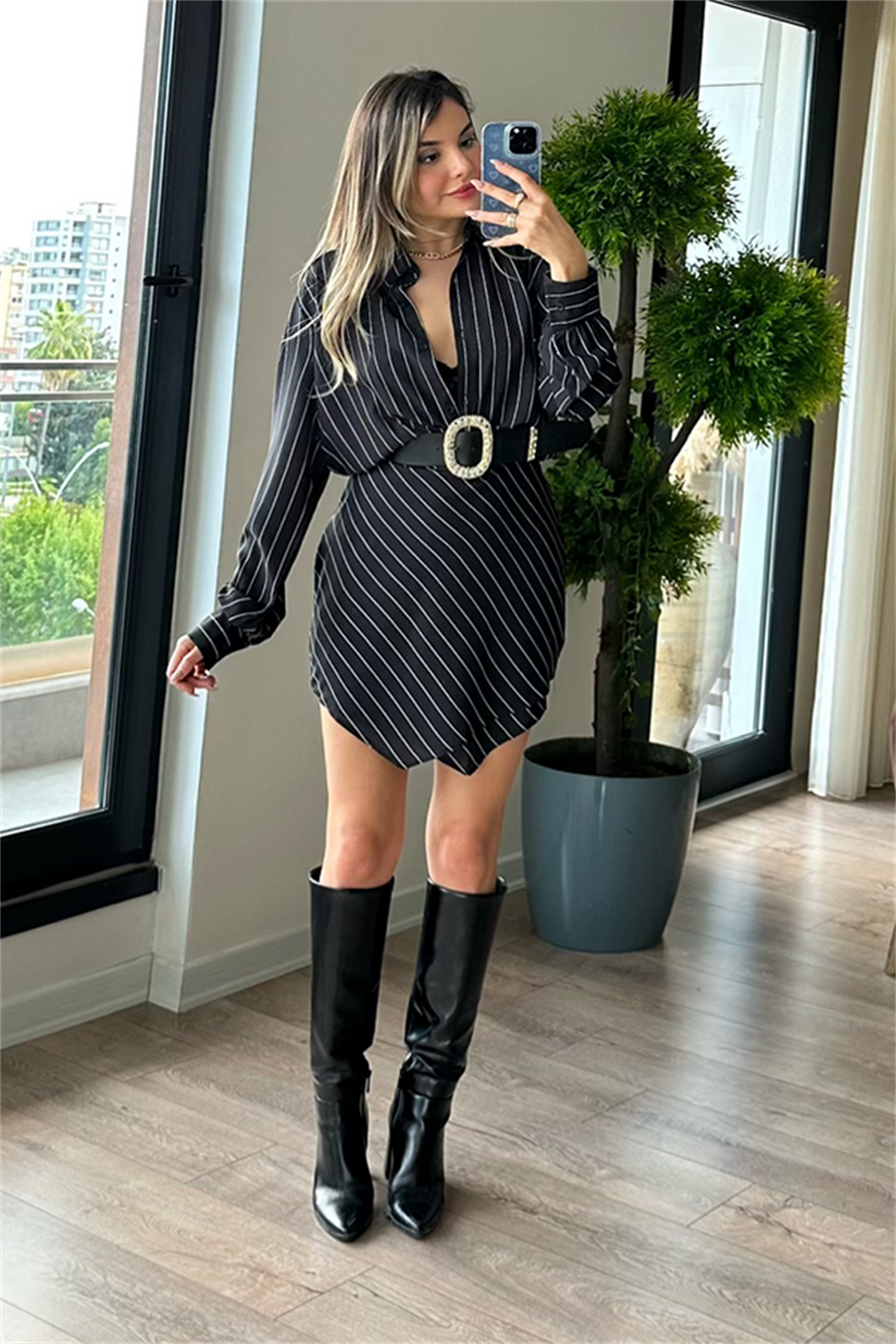Maria siyah çizgili gömlek elbise