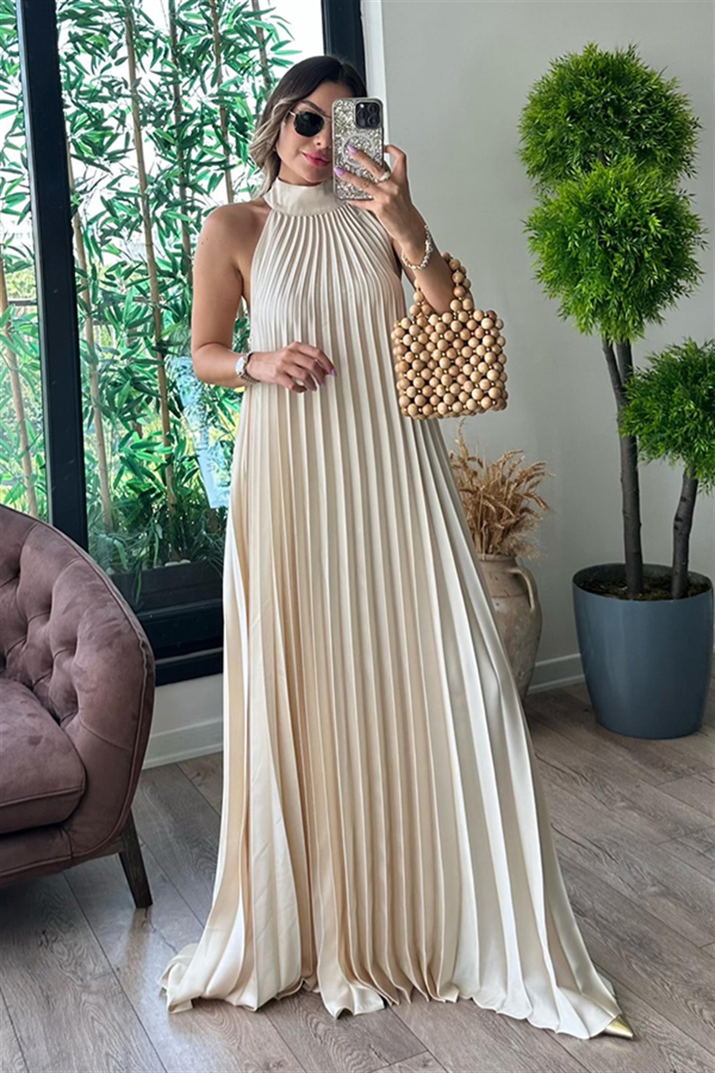 MarieBelle krem piliseli tasarım elbise