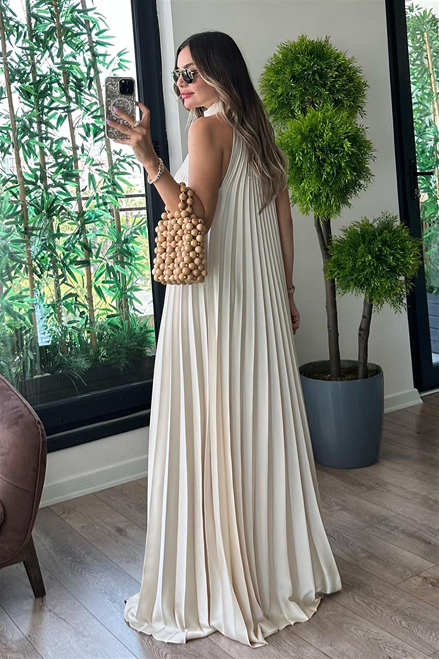 MarieBelle krem piliseli tasarım elbise