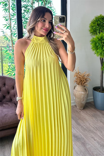 MarieBelle sarı piliseli tasarım elbise