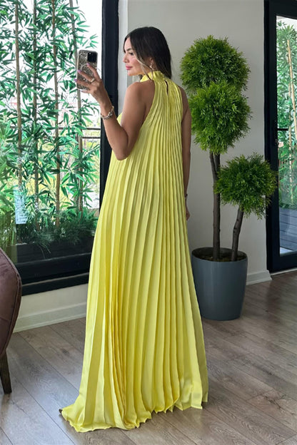 MarieBelle sarı piliseli tasarım elbise