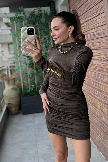 Marinella Dokulu Drapeli Elbise - Acı Kahve