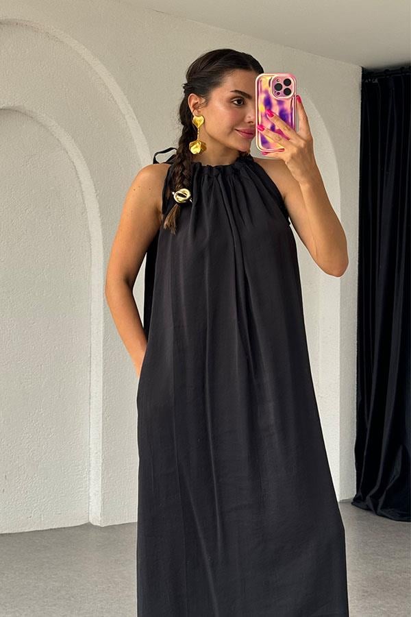 Marisol Tensel Omuzdan Bağlamalı Elbise-Siyah