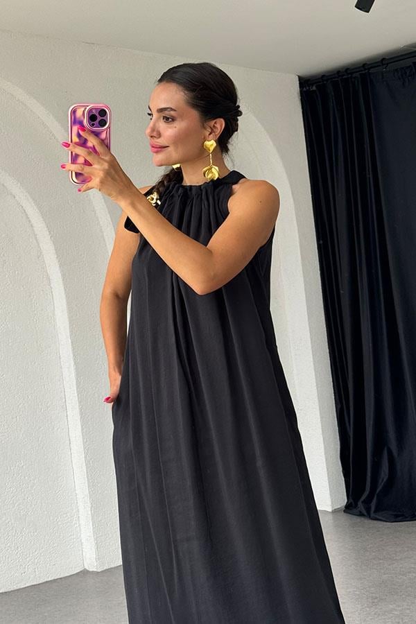 Marisol Tensel Omuzdan Bağlamalı Elbise-Siyah