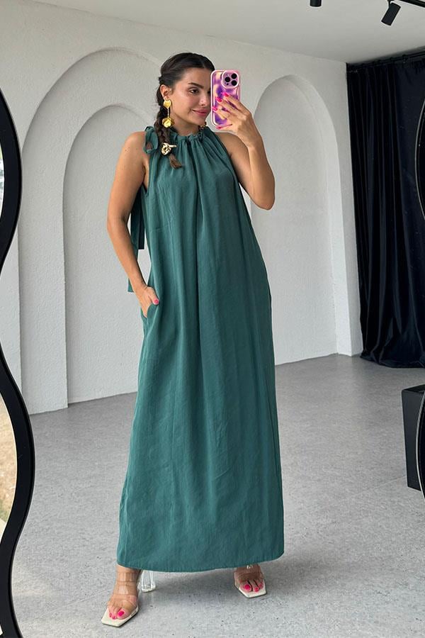 Marisol Tensel Omuzdan Bağlamalı Elbise-Zümrüt