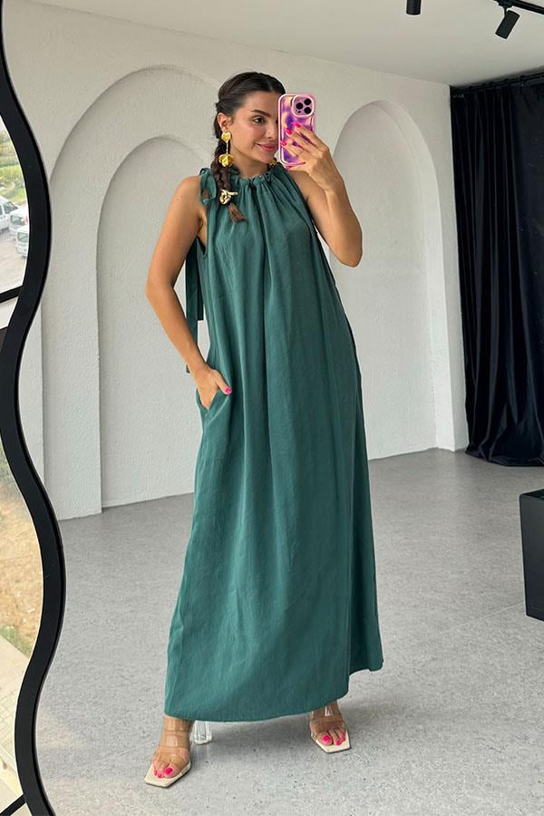 Marisol Tensel Omuzdan Bağlamalı Elbise-Zümrüt