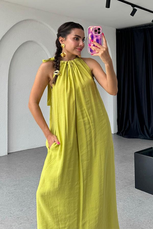 Marisol Tensel Omuzdan Bağlamalı Elbise-Hardal