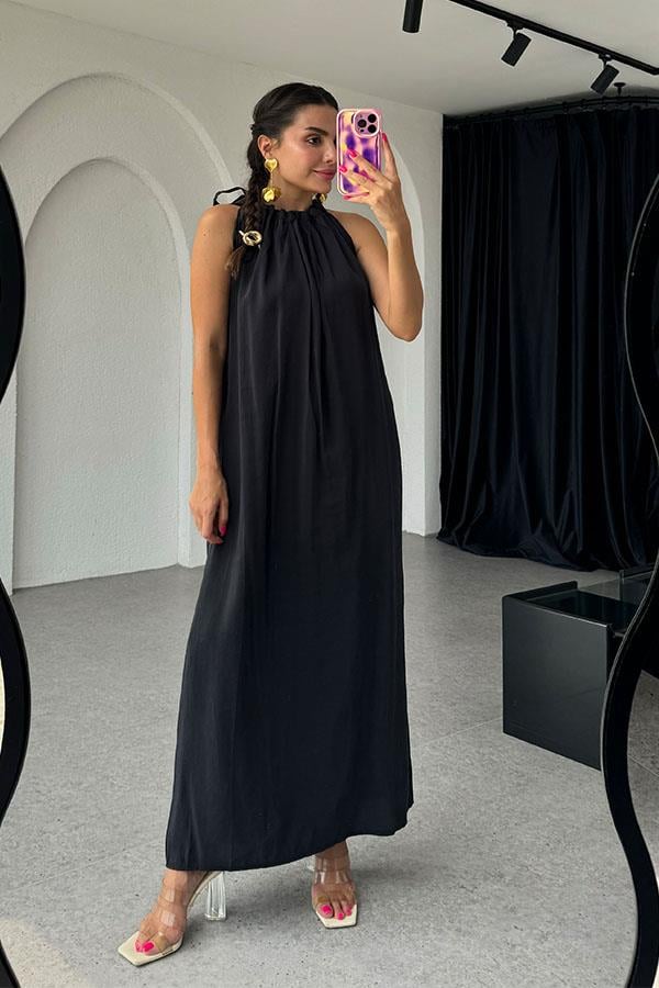 Marisol Tensel Omuzdan Bağlamalı Elbise-Siyah
