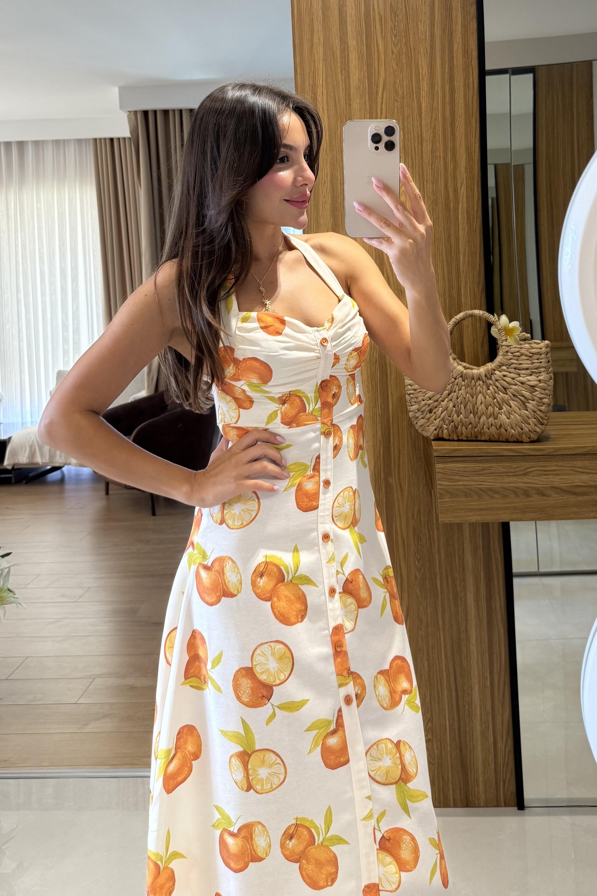 Marja Portakal Desen Keten Elbise