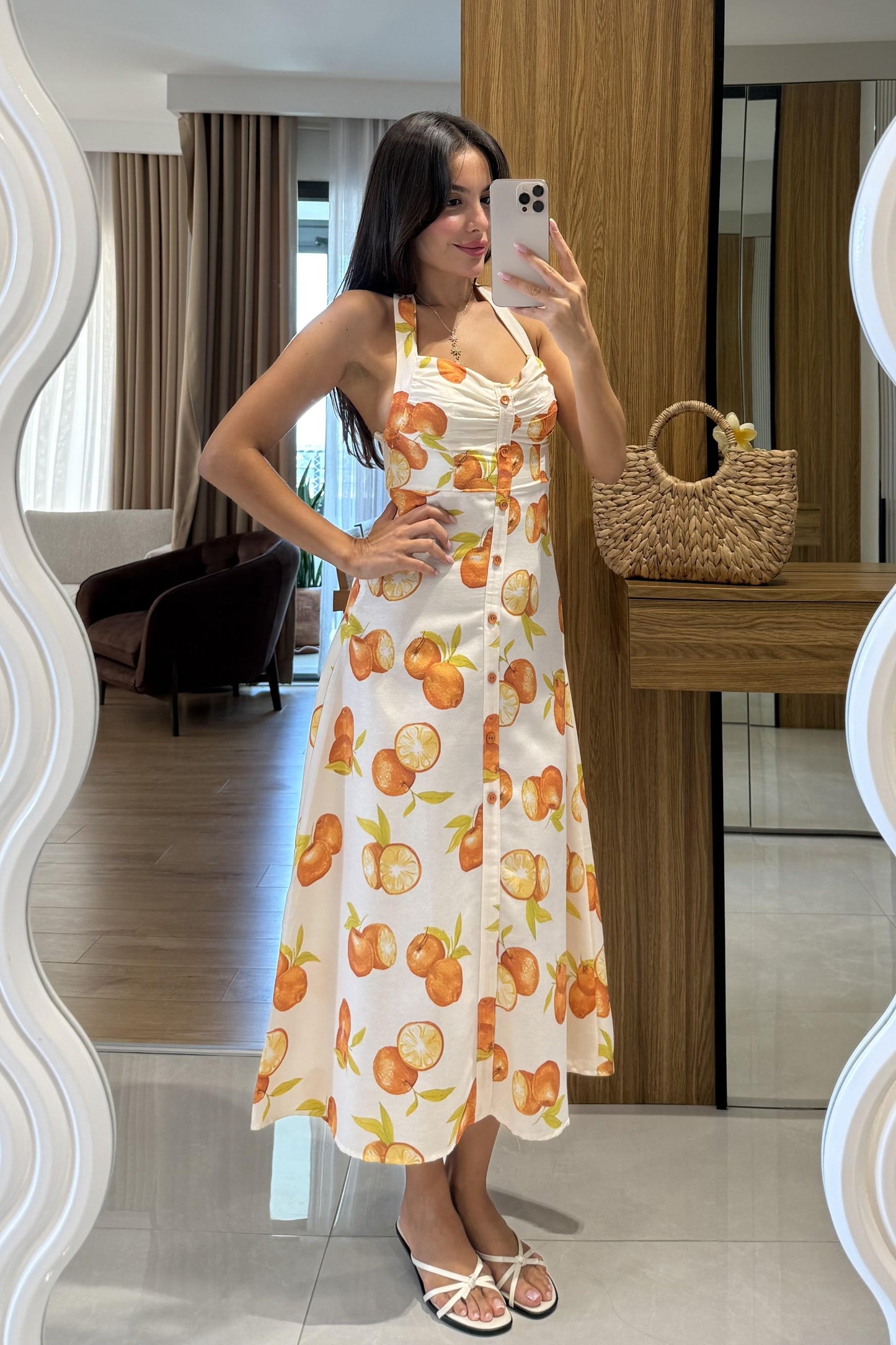 Marja Portakal Desen Keten Elbise