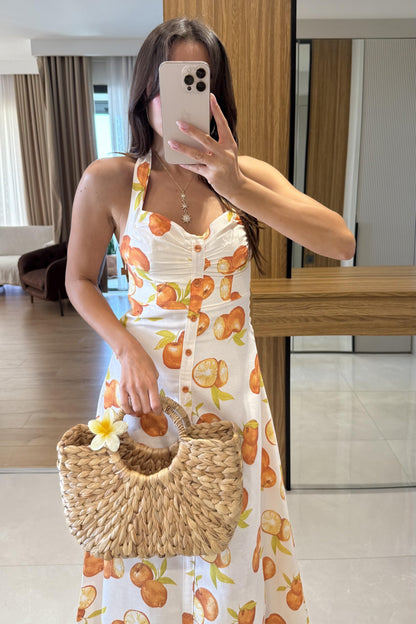 Marja Portakal Desen Keten Elbise