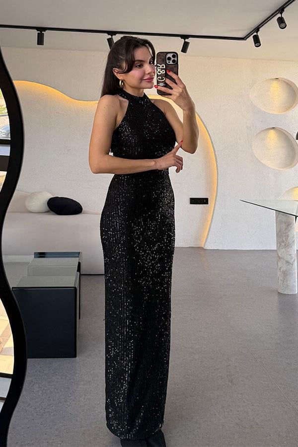 Marjori Halter Yaka Pulpayet Siyah Elbise