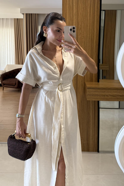 Mark Kuşaklı Midi Yarım Kol Keten Elbise