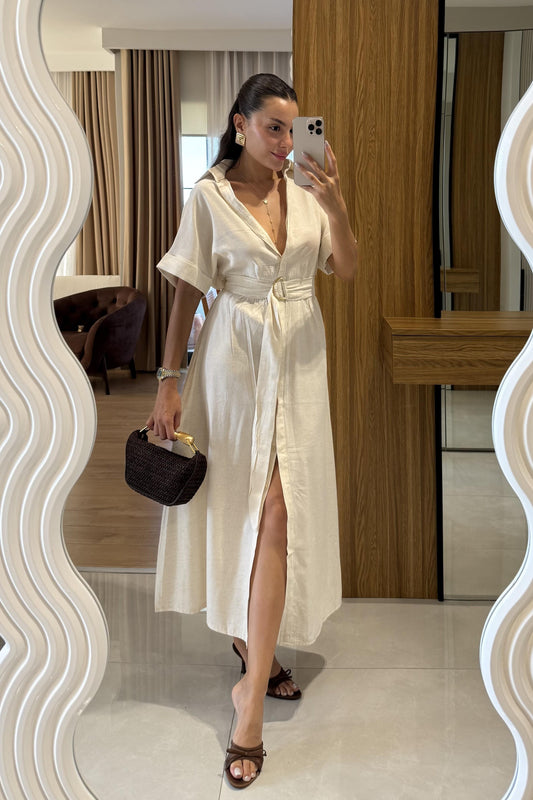 Mark Kuşaklı Midi Yarım Kol Keten Elbise