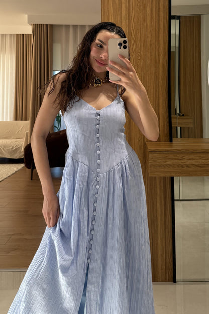 Marlet Bebe Mavi Askılı Önü Düğmeli Elbise