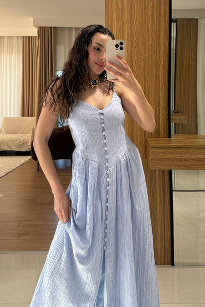 Marlet Bebe Mavi Askılı Önü Düğmeli Elbise