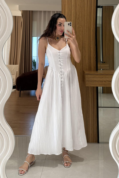 Marlet Beyaz Askılı Önü Düğmeli Elbise