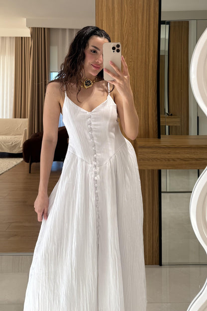 Marlet Beyaz Askılı Önü Düğmeli Elbise