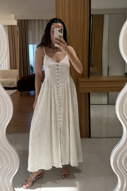 Marlet Krem Askılı Önü Düğmeli Elbise