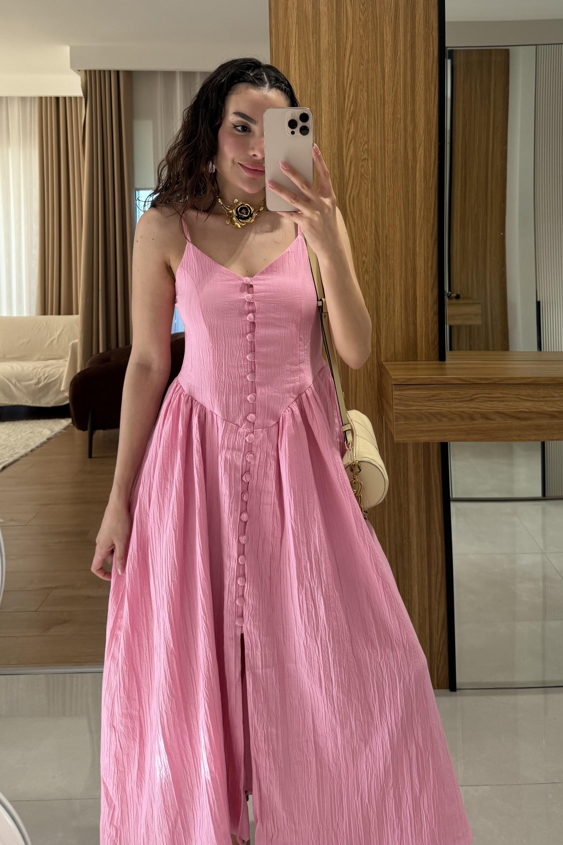 Marlet Pembe Askılı Önü Düğmeli Elbise