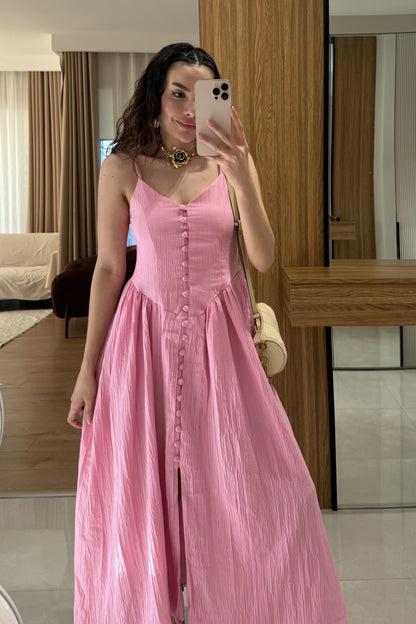Marlet Pembe Askılı Önü Düğmeli Elbise