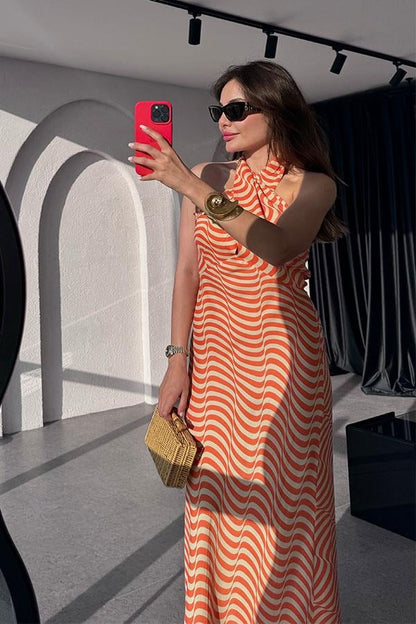 Marlind Dalga Desen Boyundan Bağlamalı Elbise-Turuncu