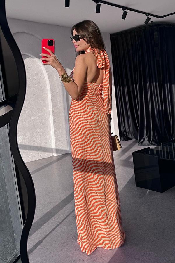 Marlind Dalga Desen Boyundan Bağlamalı Elbise-Turuncu