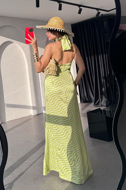 Marlind Dalga Desen Boyundan Bağlamalı Elbise-Yeşil