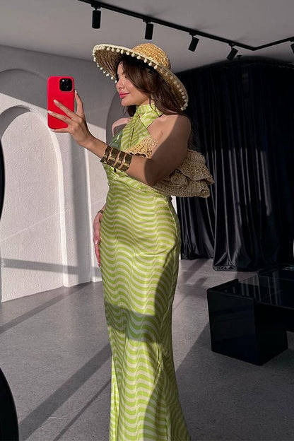 Marlind Dalga Desen Boyundan Bağlamalı Elbise-Yeşil