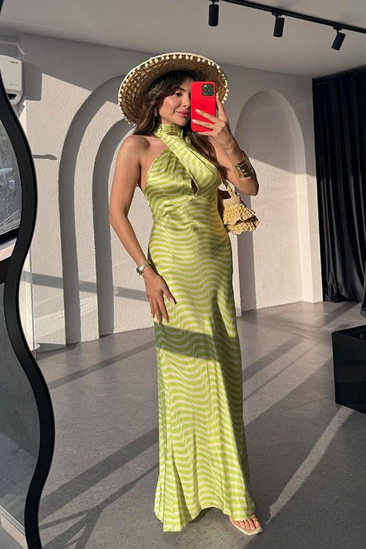 Marlind Dalga Desen Boyundan Bağlamalı Elbise-Yeşil