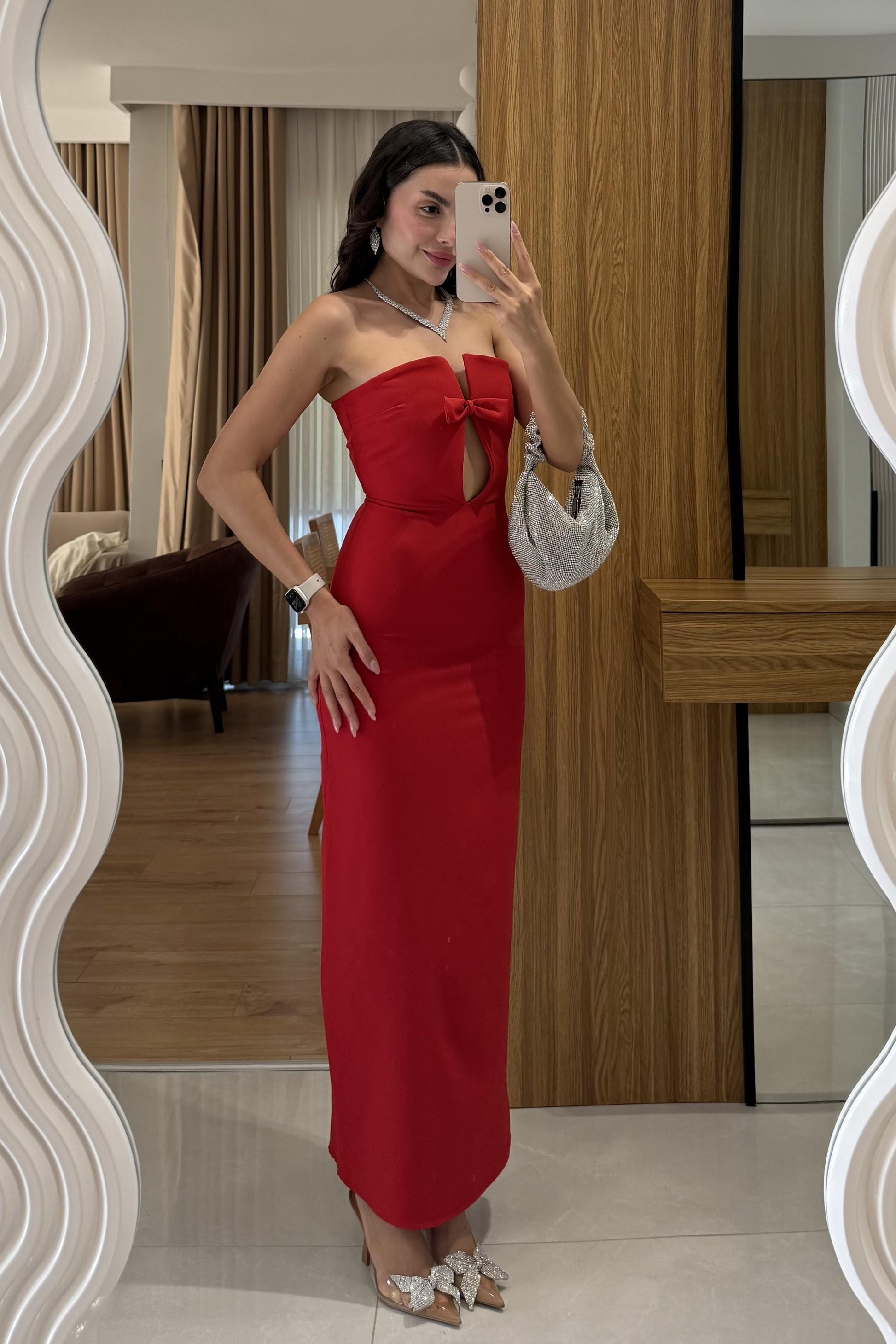 Marlowe Kırmızı Şık Fiyonklu Elbise