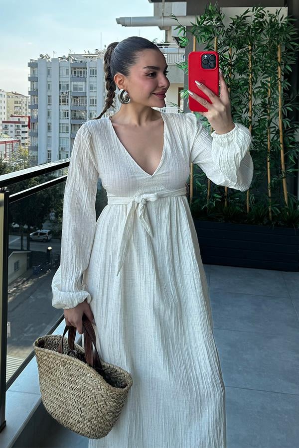 Mars Keten Kırinkıl Balon Kol Elbise