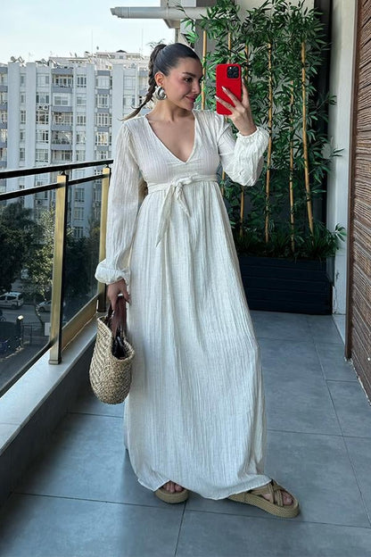 Mars Keten Kırinkıl Balon Kol Elbise