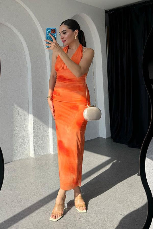 Marsha Sırt Dekolteli Tül Elbise-Turuncu