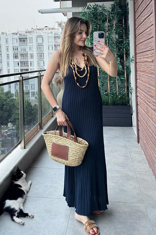 Marsıana Sıfır Kol Fitilli Elbise -Lacivert