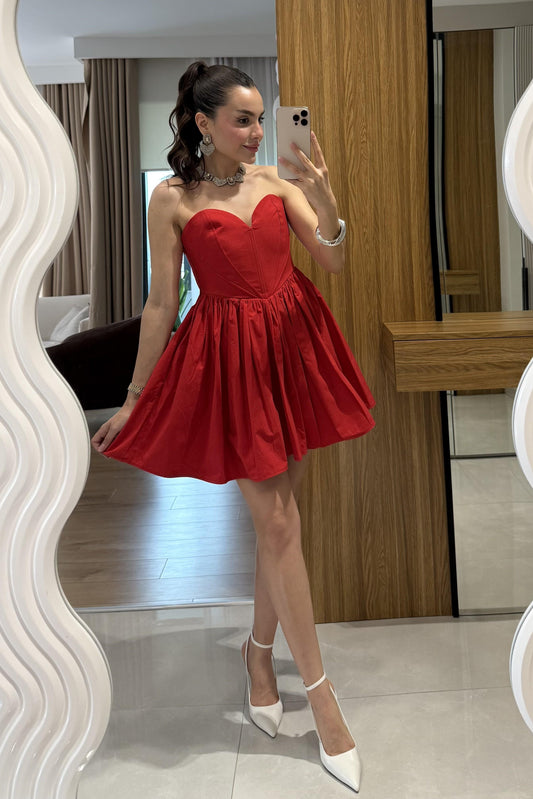 Marsilia Kırmızı Kalp Yaka Mini Elbise