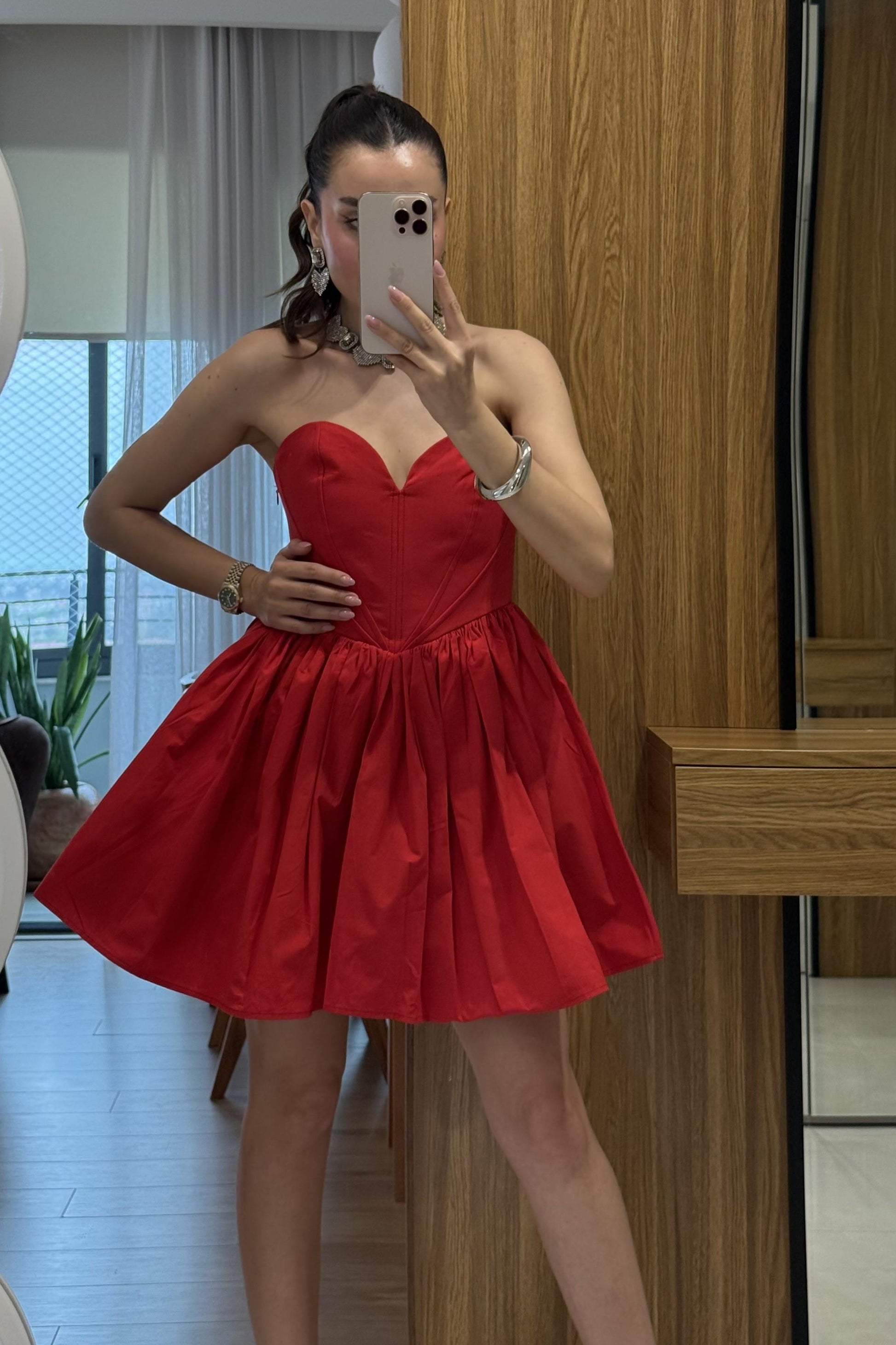 Marsilia Kırmızı Kalp Yaka Mini Elbise