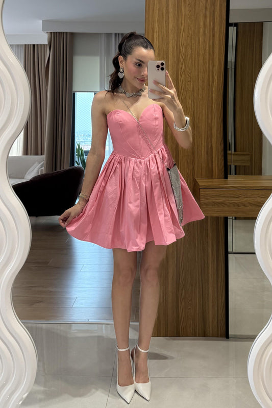 Marsilia Pembe Kalp Yaka Mini Elbise