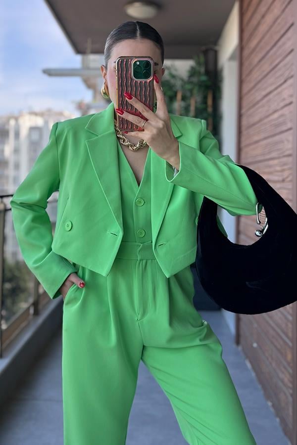 Maso Kruvaze Crop Blazer Ceket - Yeşil