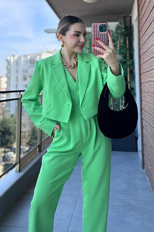 Maso Kruvaze Crop Blazer Ceket - Yeşil