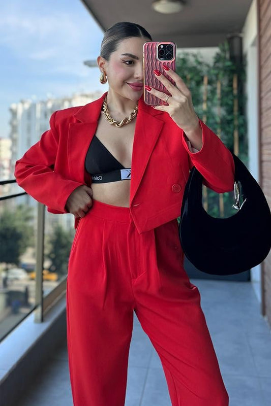 Maso Kruvaze Crop Blazer Ceket - Kırmızı